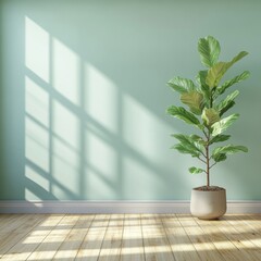 Serene Interior with Fiddle Leaf Fig Plant Casting Shadows on Pale Green Wall and Light Wood Floor