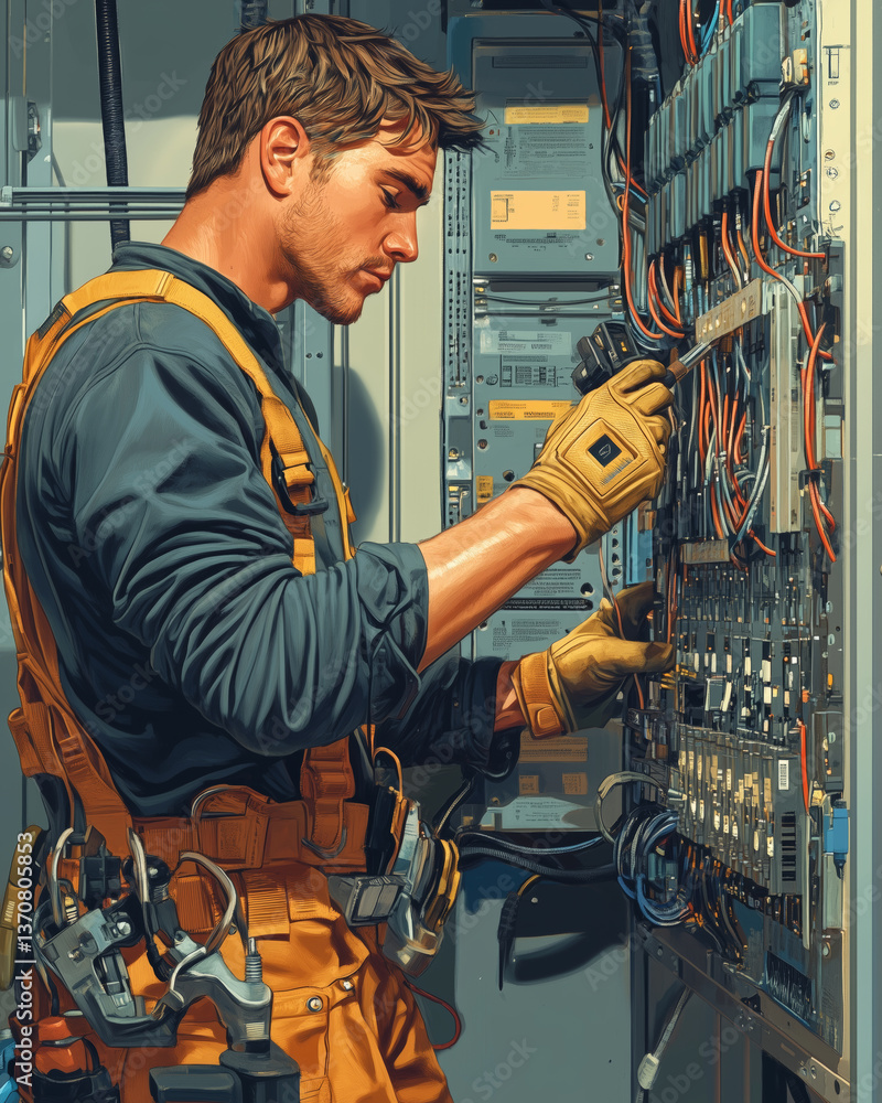 Poster Electrician meticulously installing wiring in a busy control panel