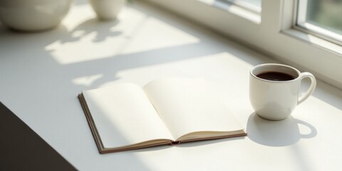 A peaceful morning scene sunlight streams through a window illuminating an open notebook and a steaming cup of coffee resting on a pristine white surface.