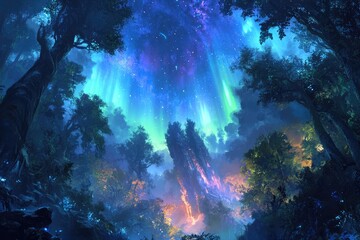 Fototapeta premium A mesmerizing view of the Northern Lights dancing above an ancient, dense forest at night.