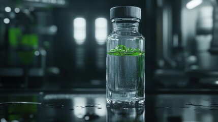 A transparent bottle filled with water and green strands, set against a blurred industrial background.