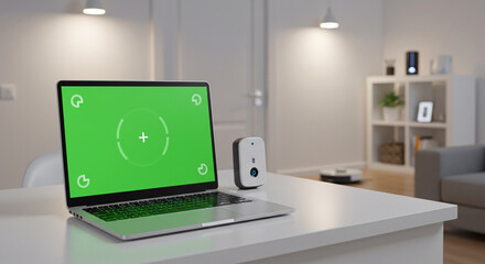 Fototapeta premium Laptop With Green Screen And Smart Home Device On A White Table In Modern Interior