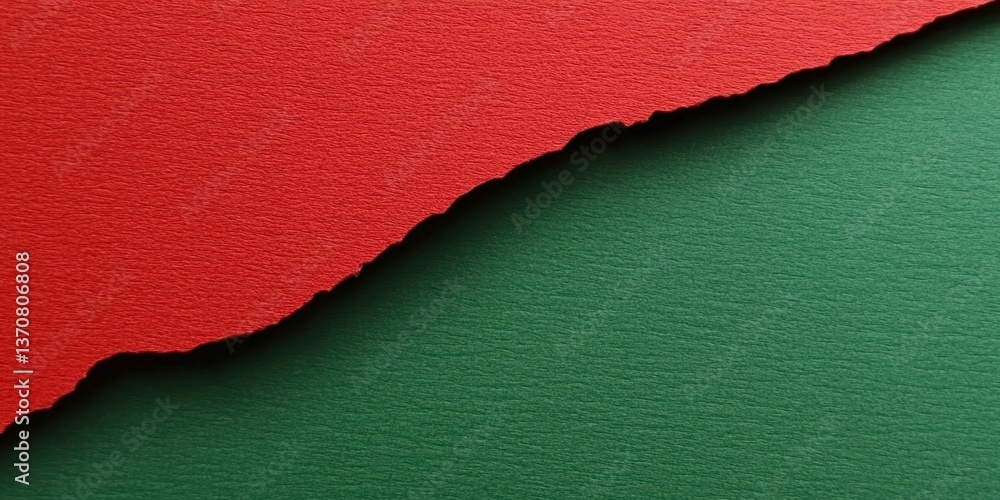 Poster split red and green paper texture - a bold, divided surface with one half red and the other green, f