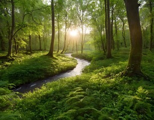 Fototapeta premium A serene landscape where a small river winds through a lush, green forest at dawn, while AI-powered drones float overhead scanning the environment in harmony with nature.