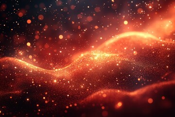 Fototapeta premium Glimmering waves of orange and gold particles create a mesmerizing abstract visual in dark surroundings