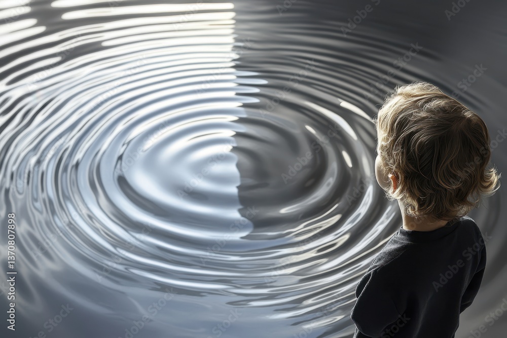 Aufkleber child observing ripples in water while exploring reflections on a calm surface