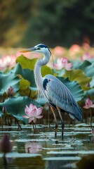 Naklejka premium Majestic Great Blue Heron Standing Gracefully Amidst Blooming Pink Lotus Flowers in a Serene Pond A Stunning Wildlife Scene