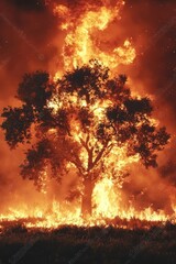 Obraz premium Intense Flaming Tree in a Rural Fire Scene Surrounded by Smoke in a Dramatic Display of Nature's Fury