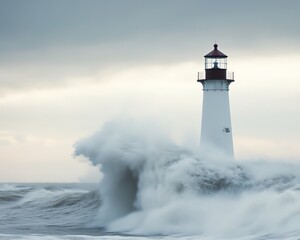 A solitary lighthouse stands resilient against turbulent ocean waves under a dramatic sky, symbolizing hope and guidance.