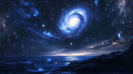 Fototapeta premium Magical Cosmic Galaxy Over Ocean at Night with Starry Sky