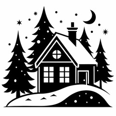Fototapeta premium a cozy house with winter wonderland silhouette line art vector illustration