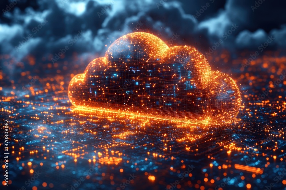 Poster digital cloud connectivity showcasing vibrant data streams in a futuristic landscape