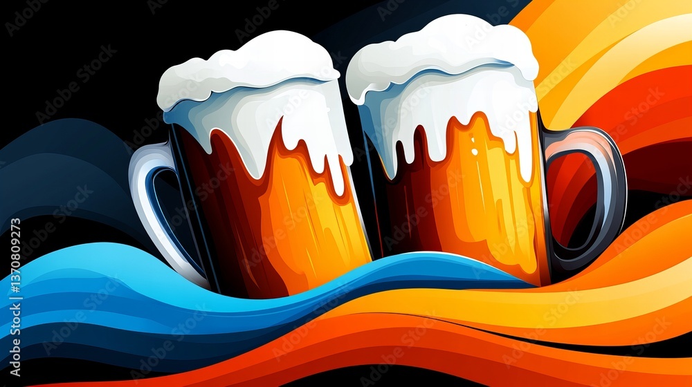 Poster two frothy mugs of beer are displayed against a backdrop of colorful, flowing abstract shapes.