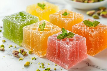 Petha cubes presented in translucent glow, sugar glaze and pistachio sliver, on marble