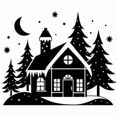 a cozy house with winter wonderland silhouette line art vector illustration