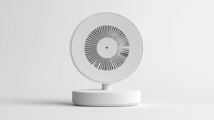 Minimalist white circular security camera on stand.