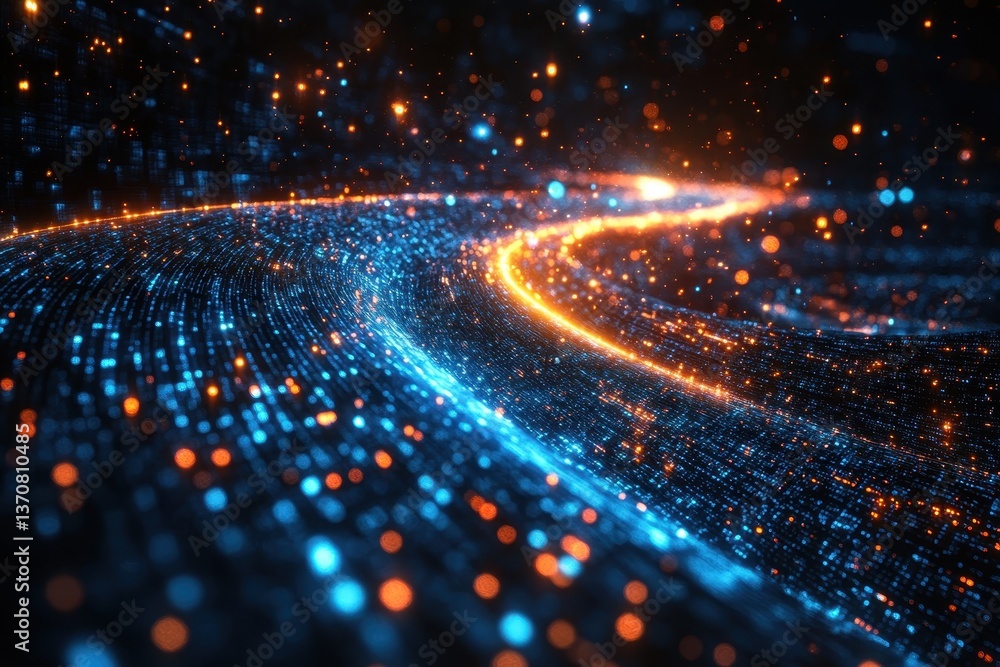 Poster vibrant abstract pattern showcasing glowing particles and lines in a dynamic digital landscape