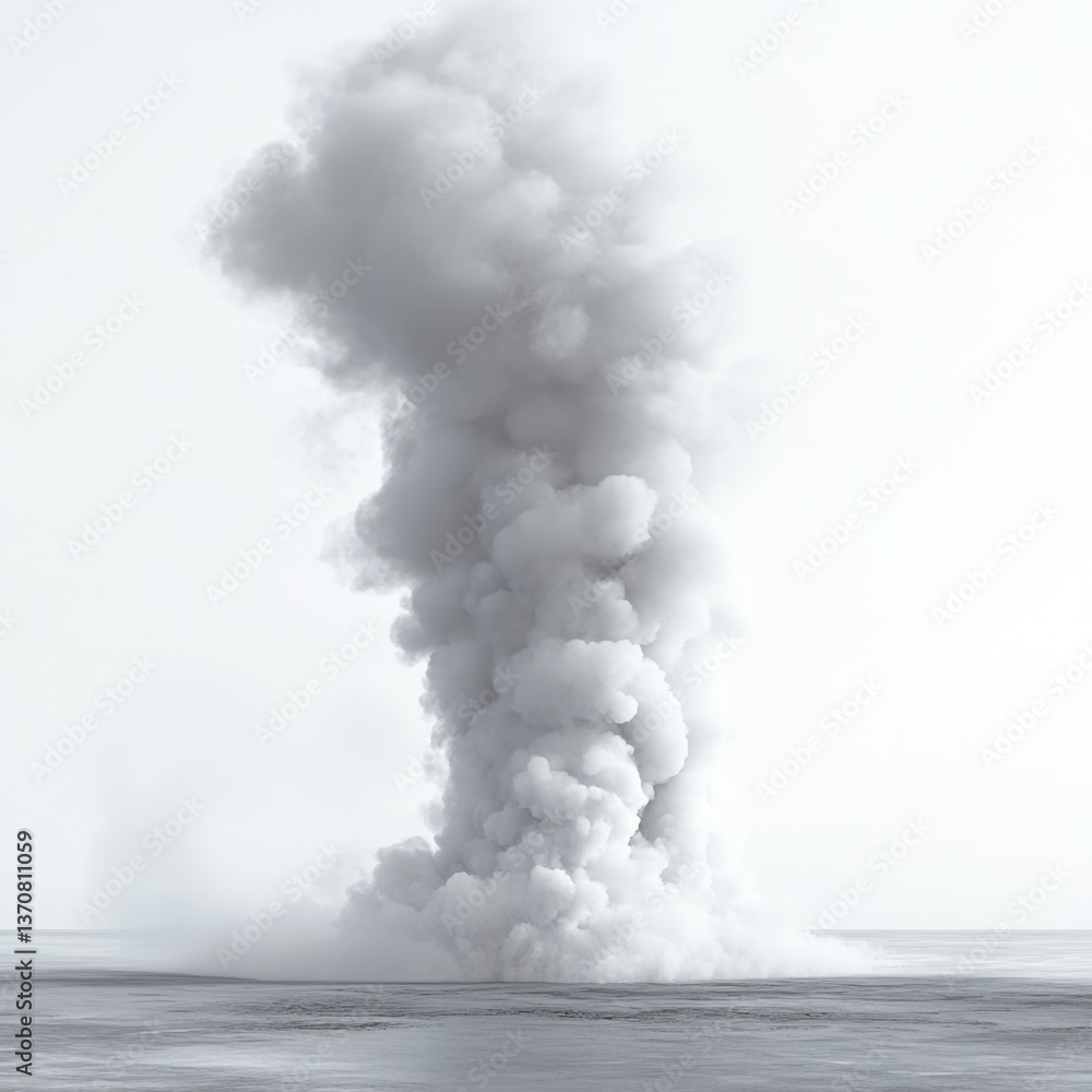 Poster towering cloud of smoke rising from a dark surface creating a dramatic visual impact with a monochro