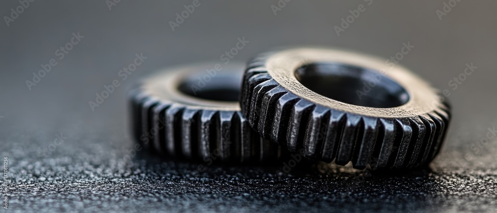 Poster close up of two metal gears on a dark textured surface showcasing precision engineering and industri