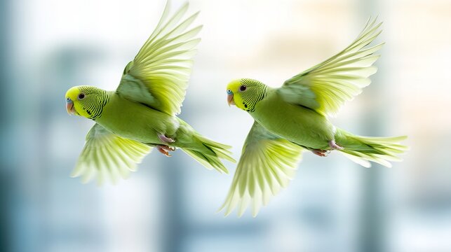 Two green budgies are flying in the air with their wings spread against a blurred background.