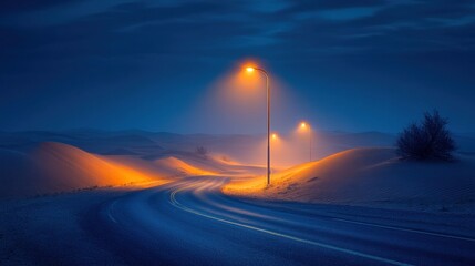 Winding road through snowy desert at night, illuminated by street lamps