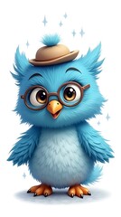 Fototapeta premium cute_rainwhimsical_blue_owl_with_exaggerated_feathers_wearing_a_tiny_hat_and_round_glasses