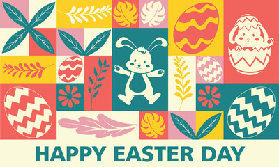 Colorful Easter design with geometric patchwork, a playful bunny, decorated eggs, flowers, and leaves in a retro palette of teal, coral, yellow, and cream. Perfect for greeting cards, posters, and pro