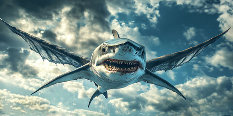 Obraz premium Shark with Dragon Wings Soaring Through a Stormy Sky Background for Hybrid Creatures, Mythical Beasts, or Skybound Predators