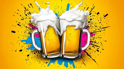 Two mugs of frothy beer are clinking together against a vibrant yellow background splattered with colorful paint.