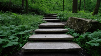 Stone steps winding through a lush forest