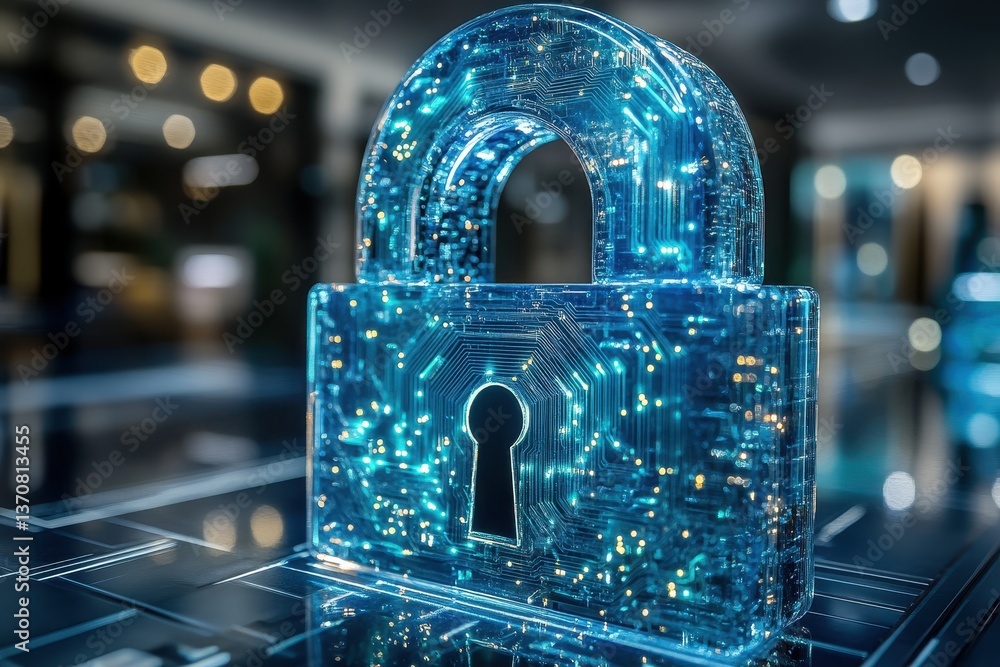 Poster digital padlock symbolizes cybersecurity and data protection in a modern tech environment