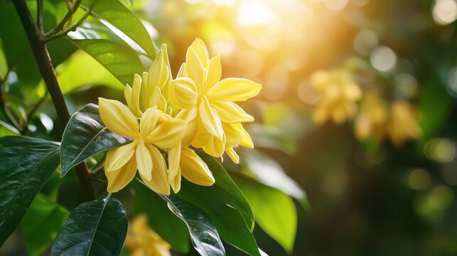 Radiant champak blossoms bathed in golden sunlight amidst verdant foliage creating a serene and inviting botanical scene showcasing nature's beauty and tranquility