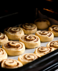 Raw cinnamon rolls on a baking sheet in the oven. The process of making buns sinabon. Close-up....