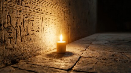 A softly glowing candle illuminates ancient hieroglyphics on a stone wall, creating a warm atmosphere in a dimly lit space.