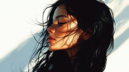 Naklejka premium Windblown hair and closed eyes capture a moment of serene beauty in this digital painting. Sunlight illuminates a peaceful, shadowed face