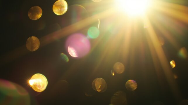 Sunlight with lens flares and bokeh circles against a dark background.