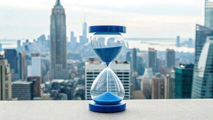 Blue sand hourglass with a blurred city skyline in the background