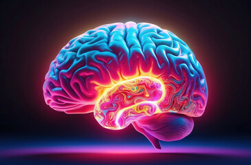 A luminous, highly detailed brain emits an ethereal aura with swirling, psychedelic patterns