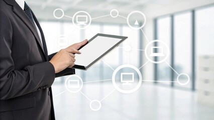 Businessman using a digital tablet with a virtual network interface