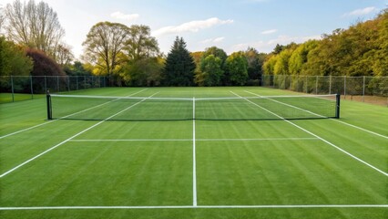 Outdoor grass tennis court with net surrounded by trees