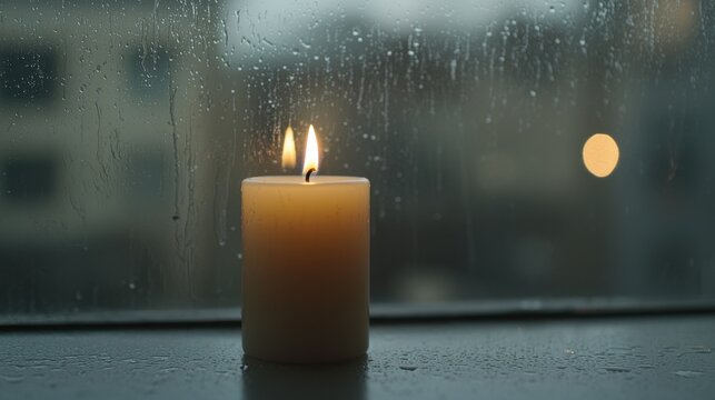A lit candle glows softly on a windowsill, with raindrops on the glass, creating a cozy and reflective atmosphere.