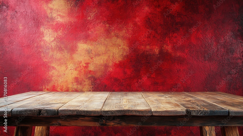 Poster rustic wooden table against a vibrant red and gold textured backdrop creating a warm inviting atmosp