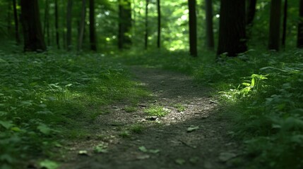 Obraz premium Sunlit path through lush forest. Sunlight filtering through trees. Peaceful woodland trail