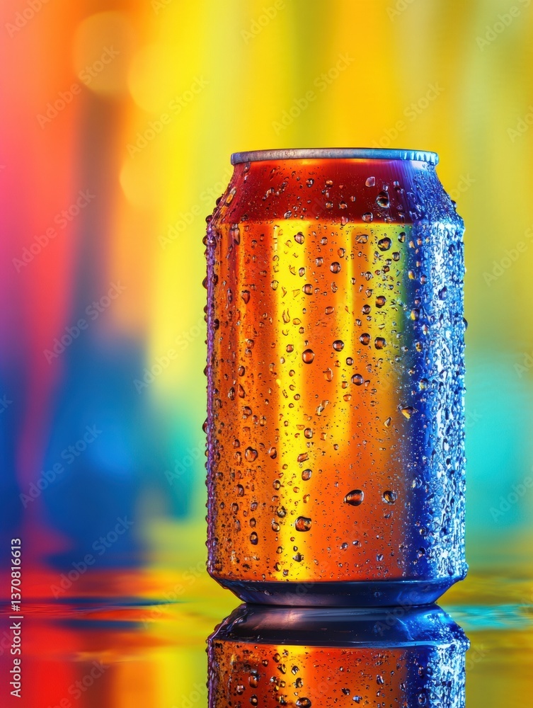 Poster classic soda can with condensation glistens against a vibrant colorful backdrop reflecting light and