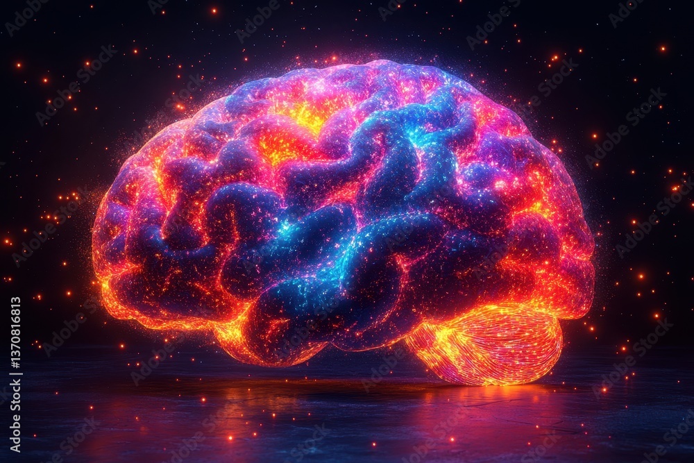 Poster colorful abstract representation of a human brain glowing in a dark environment with cosmic elements