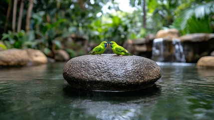 Two vibrant green birds perch atop a smooth, dark rock surrounded by tranquil water near a small waterfall in lush vegetation.
