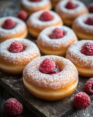 Delicious donuts with raspberry filling and powdered sugar on a rustic wooden board close up sweet treat bakery food