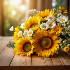 Fototapeta premium a bouquet of cheerful sunflowers and daisies, resting on a wooden table with soft natural light