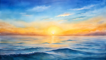 Obraz premium Victory Day Sunrise Watercolor Background - Warm Orange & Yellow Breaking Through Blue Waves for Peaceful New Beginnings (Copy Space)