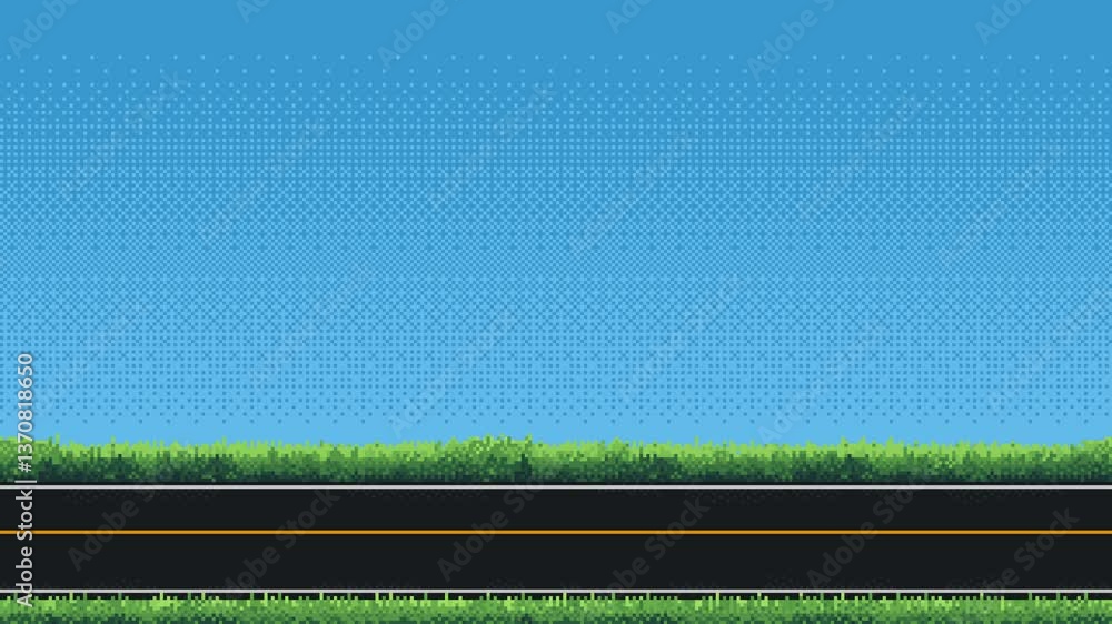 Poster pixel art racing game level background. pixel retro design. 8 bit image, 2d racing track, grass and 